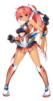 1girl armored_boots armpits bare_shoulders black_gloves blush boots breasts chest_jewel clenched_hands exs-tia_sol full_body game_cg gauntlets gloves gluteal_fold gradient_hair hair_ornament headgear kamitsurugi_ouka knee_boots kouyoku_senki_exs-tia_concert large_breasts large_variant_set legs_apart leotard long_hair looking_at_viewer magical_girl miniskirt multicolored_hair non-web_source official_art oosumi_kanon orange_hair orange_skirt pink_eyes pink_hair pleated_skirt ponytail red_eyes red_hair shiny_skin side_ponytail skirt smile solo standing tachi-e tan tanline transparent_background variant_set