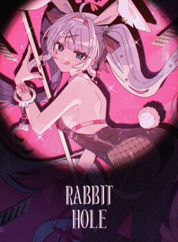 Rule 34 | 1girl, :q, absurdres, ahoge, animal ears, backlighting, black leotard, black pantyhose, blue eyes, blue hair, bright pupils, card, commentary request, cuffs, danjou sora, english text, facial mark, fake animal ears, fake tail, fishnet pantyhose, fishnets, hair ornament, handcuffs, hatsune miku, highres, leaning forward, leotard, light blush, long hair, looking at viewer, nail polish, pantyhose, pink background, pink nails, playboy bunny, playing card, rabbit ears, rabbit hole (vocaloid), rabbit tail, simple background, smile, solo, tail, teardrop facial mark, tongue, tongue out, twintails, very long hair, vocaloid, white pupils, x hair ornament