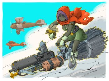 Rule 34 | 1boy, 1girl, aircraft, airplane, belt, biplane, blue sky, broom, broom riding, cape, cat boy, dark-skinned female, dark skin, gun, highres, hood, hooded cape, machine gun, maxim gun, original, red cape, sky, solo, weapon, yabarn