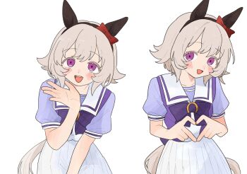 1girl animal_ears bow bowtie curren_chan_(umamusume) ear_covers ear_ribbon grey_hair hashtag-only_commentary heart heart_hands highres horse_ears horse_girl horse_tail horseshoe_ornament looking_at_viewer ofo_j1 pleated_skirt puffy_short_sleeves puffy_sleeves purple_eyes purple_shirt red_ribbon ribbon school_uniform serafuku shirt short_hair short_sleeves skirt smile standing summer_uniform tail tracen_school_uniform umamusume white_skirt