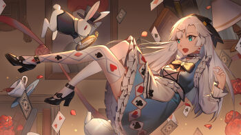 Rule 34 | 1girl, absurdres, ace (playing card), ace of spades, alice (alice in wonderland), alice's adventures in wonderland, card, cup, green eyes, high heels, highres, kettle, open mouth, playing card, rabbit, solo, spade (shape), white hair, xtears kitsune