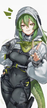 1girl absurdres afterimage arknights arknights:_endfield black_bodysuit bodysuit breasts commentary covered_navel cowboy_shot double-parted_hair endfield_industries_logo fingerless_gloves fluorite_(arknights) gloves green_eyes green_hair green_tail hair_between_eyes hair_through_hood hand_on_own_hip highres hood hood_up hooded_shrug impossible_bodysuit impossible_clothes kamisato_sora long_hair long_sleeves looking_at_viewer notice_lines puffy_sleeves shrug_(clothing) simple_background smile snake_girl snake_tail solo symbol-only_commentary tail wagging_finger white_background white_shrug