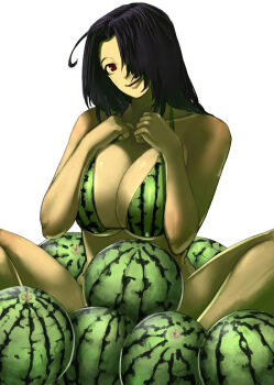 1girl bikini breasts cleavage commentary_request food food-themed_clothes food_print fruit fruit_print hair_over_one_eye huge_breasts idolmaster idolmaster_(classic) large_breasts lips long_hair miura_azusa print_bikini red_eyes revision sakamoto_kengo simple_background smile solo swimsuit watermelon watermelon_print white_background
