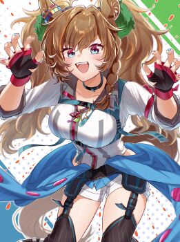 1girl absurdres animal_ears belt black_belt black_choker black_gloves black_thighhighs blast_onepiece_(umamusume) blue_eyes blush braid breasts brown_hair choker claw_pose clothes_around_waist collarbone commentary_request fingerless_gloves fluffy_hair gloves hair_between_eyes hair_ornament highres horse_ears horse_girl horse_tail jacket large_breasts long_hair looking_at_viewer multicolored_nails open_mouth shorts side_braid smile solo tail thighhighs toumyao_neko twintails umamusume white_jacket white_shorts