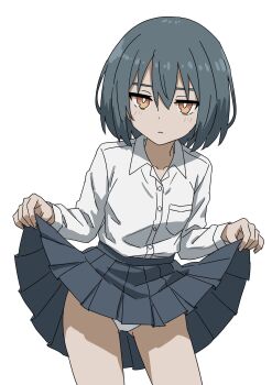 Rule 34 | 1girl, black hair, black skirt, closed mouth, commentary request, expressionless, hair between eyes, highres, jitome, long sleeves, looking at viewer, miniskirt, orange eyes, original, panties, pantyshot, shirt, short hair, sidelocks, simple background, skirt, skirt hold, solo, underwear, white background, white panties, white shirt, zatsuplot
