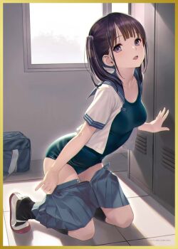 1girl black_hair black_socks blue_one-piece_swimsuit breasts clothes_pull crop_top full_body grey_eyes indoors kneehighs kneeling koutaro locker looking_at_viewer medium_breasts medium_hair melonbooks one-piece_swimsuit open_clothes open_mouth open_shirt original pleated_skirt sailor_collar school_swimsuit school_uniform serafuku shoes short_sleeves skirt skirt_pull smile socks solo swimsuit twintails undressing uwabaki