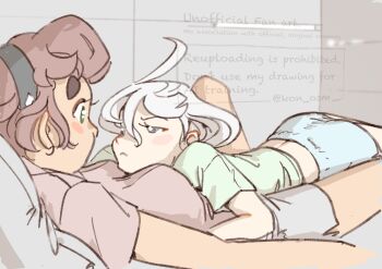 2girls absurdres between_breasts black_hairband blue_shorts blush breasts closed_mouth commentary_request cuddling eye_contact frown green_eyes green_shirt grey_footwear gundam gundam_suisei_no_majo hairband head_between_breasts highres kon_osm long_hair looking_at_another lying_on_person medium_breasts miorine_rembran multiple_girls quality red_hair red_shirt shirt short_sleeves shorts sketch suletta_mercury thick_eyebrows watermark white_hair yuri