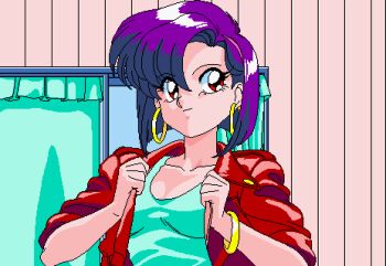 1990s_(style) 1girl aliasing animahjong animahjong_v3 animated animated_gif bare_shoulders bra bracelet breasts cleavage earrings female_focus bad_tag hairband hoop_earrings jewelry lingerie looking_at_viewer lowres miyabi_(animahjong) nakajima_atsuko nipples panties pink_bra pixel_art purple_hair red_eyes retro_artstyle short_hair sogna solo strapless strapless_bra tank_top underwear undressing viper_(series) white_panties