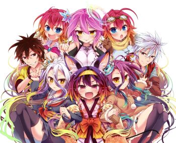 2boys 6+girls :3 :o :p ancestor_and_descendant angel_wings animal_ears black_gloves blonde_hair blue_eyes blush breasts brown_hair couronne_(no_game_no_life) crown crying crying_with_eyes_open curious elbow_gloves fangs feathered_wings fox_ears fox_girl gloves grabbing_another&#039;s_arm gradient_hair grin hair_between_eyes hairband halo hands_on_own_cheeks hands_on_own_face hands_up hatsuse_izuna highres holding_hands hood hood_down hoodie japanese_clothes jibril_(no_game_no_life) kimono knees_up large_breasts legs_together locked_arms long_hair long_hair_between_eyes looking_at_viewer medium_breasts medium_hair mikage_(shibi) mini_crown multicolored_hair multiple_boys multiple_girls neckerchief no_game_no_life orange_hair pink_eyes pink_hair purple_eyes purple_hair purple_serafuku red_eyes red_hair reincarnation riku_(no_game_no_life) sailor_collar scarf school_uniform serafuku shiro_(no_game_no_life) short_hair shuvi_(no_game_no_life) simple_background single_glove slit_pupils small_breasts smile smug sora_(no_game_no_life) stephanie_dora symmetrical_pose tearing_up tears thighhighs thighs tongue tongue_out upper_body very_long_hair white_background white_hair white_sailor_collar white_wings wings yellow_eyes yellow_hairband yellow_scarf