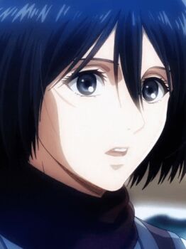 1girl animated animated_gif anime_screenshot black_hair female_focus forced_smile grey_eyes hair_between_eyes mikasa_ackerman open_mouth red_scarf scarf shingeki_no_kyojin short_hair solo teeth