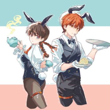 Rule 34 | 1boy, 1girl, animal ears, belt, black bow, black bowtie, black leotard, black pants, black vest, blue eyes, bow, bowtie, braid, brown hair, buttons, cake, cake slice, collared shirt, cross-laced clothes, cross-laced leotard, cup, food, food on face, from behind, gloves, hair ribbon, holding, holding cup, holding plate, holding teapot, holding tray, kyoukai no rinne, leotard, long sleeves, looking at viewer, mamiya sakura, neckerchief, pants, parted lips, plate, playboy bunny, puffy long sleeves, puffy sleeves, rabbit ears, rabbit tail, red belt, red eyes, red hair, red neckerchief, red ribbon, ribbon, rokudou rinne, sh lamuko, shirt, sleeves rolled up, smoke, tail, teapot, thigh belt, thigh strap, tray, twin braids, twitter username, utensil in mouth, vest, white gloves, white shirt