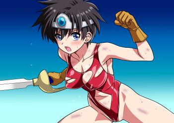 Rule 34 | 1girl, black hair, blue background, breasts, brown eyes, brown gloves, circlet, clothing cutout, cowboy shot, dragon quest, dragon quest iii, gloves, gradient background, heroine (dq3), highleg, highleg one-piece swimsuit, highres, medium breasts, one-piece swimsuit, open mouth, red one-piece swimsuit, revealing swimsuit (dq), short hair, solo, stomach cutout, swimsuit, sword, torn clothes, weapon, yuuyuu (3jjbn)
