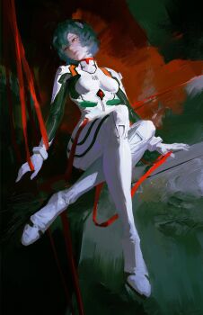 1girl absurdres ayanami_rei blue_hair breasts brush_stroke crossed_legs daodtt double-parted_bangs hair_between_eyes hair_ornament hashtag-only_commentary highres looking_to_the_side mecha_pilot_suit neon_genesis_evangelion plugsuit_(evangelion) red_ribbon ribbon short_hair sitting solo traditional_media