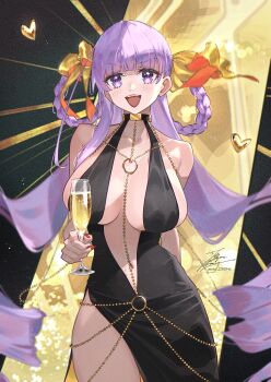 Rule 34 | 1girl, alcohol, bare shoulders, bb (fate), bb dubai (fate), belly chain, black dress, blush, bracelet, braid, braided hair rings, breasts, champagne, champagne flute, cleavage, cup, dress, drinking glass, fadingz, fate/grand order, fate (series), hair ribbon, hair rings, jewelry, large breasts, long hair, looking at viewer, navel, necklace, open mouth, plunging neckline, purple eyes, purple hair, ribbon, side slit, smile, solo, thighs, twin braids, very long hair, yellow ribbon