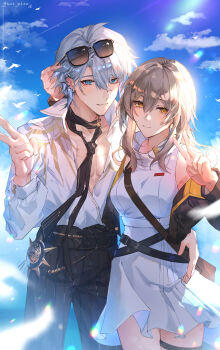 1boy 1girl absurdres arm_around_waist arm_behind_another&#039;s_back arm_up black_jacket black_necktie black_pants blue_eyes blue_sky breasts brown_bag closed_mouth collared_shirt commentary_request cowboy_shot dress earclip grey_hair hand_on_another&#039;s_waist hand_up highres holding holding_removed_eyewear honkai:_star_rail honkai_(series) jacket long_hair looking_at_viewer loose_necktie medium_breasts nai_pizx necktie off_shoulder official_alternate_costume outdoors pants partially_unbuttoned phainon_(anan)_(honkai:_star_rail) phainon_(honkai:_star_rail) shirt short_hair sky sleeveless sleeveless_dress smile stelle_(honkai:_star_rail) stelle_(world_tour_2023)_(honkai:_star_rail) sun_symbol sunglasses thigh_strap trailblazer_(honkai:_star_rail) twitter_username unworn_eyewear v white_dress white_hair white_shirt yellow_eyes yellow_pupils