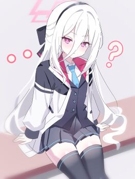 ... 1girl ? absurdres arm_support bench black_skirt black_thighhighs black_vest blue_archive blue_necktie collared_shirt commentary english_commentary frown grey_background hair_between_eyes halo highres jacket kei_(blue_archive) kei_(new_body)_(blue_archive) light_blush long_hair looking_at_viewer necktie pink_eyes pleated_skirt poko050498 rectangular_halo shirt simple_background skirt solo thighhighs very_long_hair vest white_hair white_jacket white_shirt zettai_ryouiki