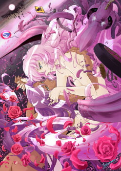 2girls arm_around_back artist_name ass bindi blue_eyes broken car castle chu_chu_(shoujo_kakumei_utena) commentary completely_nude couple crack crumbling dark-skinned_female dark_skin eye_contact floating flower from_side gears green_eyes hand_in_another's_hair himemiya_anthy holding_hands long_hair looking_at_another motor_vehicle multiple_girls nude parted_bangs parted_lips petals pink_hair purple_hair red_flower red_rose road_sign rose rose_petals shards shoujo_kakumei_utena shoujo_kakumei_utena_adolescence_mokushiroku sign signature smile tenjou_utena unused_tire very_long_hair wavy_hair yoshinaga_masahiro yuri