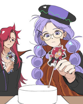 1boy 1girl alchemist_cookie asymmetrical_hair black-framed_eyewear black_hat black_shirt braid breasts brother_and_sister brown_dress censored closed_mouth commentary_request cookie_run curtained_hair dress expressionless fang forehead frilled_shirt frills glasses hair_behind_ear hair_over_one_eye hand_up hat holding humanization incest korean_commentary light_frown long_hair long_sleeves looking_at_another looking_down low_twin_braids mosaic_censoring nail_polish official_art_inset one_eye_covered parted_bangs plate pointy_ears ponong puffy_long_sleeves puffy_sleeves purple_eyes purple_hair purple_hat purple_nails red_hair round_eyewear semi-rimless_eyewear shirt siblings sidecut simple_background sleeveless sleeveless_dress small_breasts striped_clothes striped_dress striped_hat striped_headwear tareme twin_braids two-tone_hat two-tone_headwear undercut vampire_cookie vertical-striped_clothes vertical-striped_dress very_long_hair white_background wide_sleeves