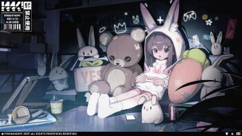 1girl absurdres animal_ear_fluff animal_ear_hood animal_ears baigaoji brown_eyes brown_hair can carrot cellphone commission controller couch dorgar drink_can fake_animal_ears game_controller hair_ornament hairclip highres hood indoors long_hair miniskirt no_shoes open_mouth original outstretched_legs phone pink_skirt playing_games pleated_skirt rabbit_ears sitting skirt socks soda_can solo stuffed_animal stuffed_rabbit stuffed_toy sweater teddy_bear white_hood white_socks white_sweater yes-no_pillow