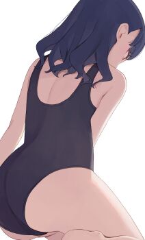 1girl ass bare_shoulders blue_hair blue_one-piece_swimsuit blue_school_swimsuit brown_eyes commentary from_behind highres hiroki_(yyqw7151) medium_hair one-piece_swimsuit original red_eyes school_swimsuit simple_background sitting solo swimsuit thighs white_background