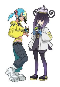 2girls aqua_hair aqua_pants bandeau belt belt_buckle black_dress black_hair black_pants black_pantyhose black_shoes blonde_hair blue_gloves blunt_bangs bob_cut buckle canari_(pokemon) closed_mouth coat commentary_request cropped_jacket dark-skinned_female dark_skin dress eyelashes floating floating_object full_body gloves gradient_hair gradient_pantyhose gwynn_(pokemon) hat holding holding_poke_ball jacket long_sleeves looking_at_viewer mask_pull multicolored_hair multiple_girls nest_ball nintendo o-ring o-ring_belt open_clothes open_coat open_jacket pants pantyhose partially_fingerless_gloves poke_ball pokemon pokemon_legends:_z-a puffy_sleeves purple_eyes purple_hair purple_pantyhose quick_ball shoes short_hair sjw_kazuya split-color_clothes split-color_hair standing twintails two-tone_pants white_background white_coat white_shoes yellow_bandeau