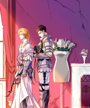 2boys armor armored_boots blonde_hair boots brown_hair crack cracked_wall curtains dion_lesage earrings final_fantasy final_fantasy_xvi flower furrowed_brow highres jewelry male_focus mannequin mario_(2669431) metal_gloves multiple_boys panties pauldrons shirt short_hair shoulder_armor swept_bangs terrence_(ff16) underwear vase white_flower white_panties white_shirt window