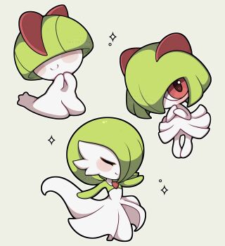 absurdres blush closed_eyes closed_mouth colored_skin evolutionary_line gardevoir gen_3_pokemon green_hair green_skin highres kirlia looking_at_viewer multicolored_skin nintendo pokemon pokemon_(creature) pokemon_focus ralts red_eyes sevi_(seviyummy) smile sparkle two-tone_skin white_skin