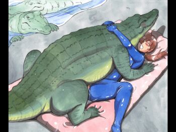 1boy 1girl 2others acrylic_paint_(medium) alligator bad_id bad_pixiv_id bestiality blue_jumpsuit blush bodysuit brown_hair caracol clenched_teeth closed_eyes comic crocodile crocodilian hair_over_one_eye hetero hug jumpsuit long_hair mattress missionary multiple_others original painting_(medium) ponytail reptile sex size_difference spread_legs sweat tagme teeth traditional_media
