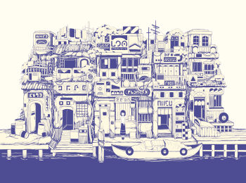 1girl air_conditioner black_hair boat building door dress hebitsukai highres looking_at_viewer medium_hair monochrome open_door original shoes short_sleeves solo stairs tree unused_tire watercraft wide_shot window