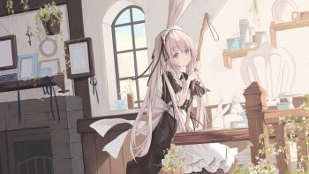 1girl animal animal_ears apron black_dress blue_sky closed_mouth commentary commentary_request dress fireplace frilled_apron frills grey_hair highres holding holding_mop indoors kushida_you long_hair looking_at_viewer maid maid_apron maid_headdress mop original puffy_short_sleeves puffy_sleeves purple_eyes rabbit rabbit_ears rabbit_girl short_sleeves sky smile solo table twintails very_long_hair white_apron window