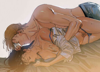 1boy 1girl ash_lynx banana_fish bed_sheet black_hair blonde_hair blue_bra blue_panties bra breasts closed_eyes couple denim dress_shirt female_pubic_hair genderswap genderswap_(mtf) grabbing_another&#039;s_breast groping hetero highres jeans koyasuyasuko12 long_hair lying medium_breasts muscular muscular_male okumura_eiji on_side panties pants panty_pull penis pubic_hair pussy shiny_skin shirt short_hair thigh_sex underwear whispering_in_ear