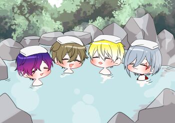 4boys :3 alban_knox blonde_hair brown_hair bush chibi closed_eyes commentary_request facial_tattoo fulgur_ovid gradient_hair grey_hair happy male_focus multicolored_hair multiple_boys nana72710193 nijisanji nijisanji_en noctyx onsen open_mouth outdoors pink_hair purple_hair smile sonny_brisko tattoo towel towel_on_head uki_violeta virtual_youtuber