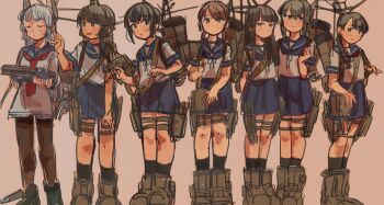 6+girls black_hair black_legwear blue_sailor_collar blue_skirt blunt_bangs braid brown_hair check_commentary closed_eyes commentary_request dress fubuki_(kancolle) hair_between_eyes hatsuyuki_(kancolle) highres hime_cut isonami_(kancolle) kantai_collection kosame_(iso) long_hair looking_at_viewer low_twintails miyuki_(kancolle) multiple_girls murakumo_(kancolle) neckerchief necktie open_mouth pantyhose parted_bangs pleated_skirt ponytail red_necktie rigging sailor_collar sailor_dress school_uniform serafuku ship_turret shirayuki_(kancolle) short_hair short_twintails sidelocks single_braid skirt smile torpedo_launcher torpedo_tubes twintails uranami_(kancolle) white_hair