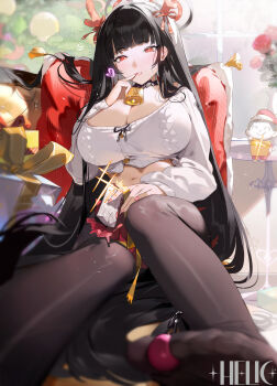 1girl absurdres bell black_hair black_pantyhose blue_archive box breasts cleavage doodle_sensei_(blue_archive) fake_antlers finger_to_mouth gift gift_box glint hair_ribbon halo helic_(7317helic) highres holding_with_feet huge_breasts indoors long_hair long_sleeves midriff neck_bell no_shoes pantyhose pink_nails red_eyes ribbon rio_(blue_archive) sensei_(blue_archive) sitting solo sweater very_long_hair white_sweater