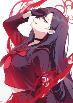 Rule 34 | 1girl, absurdres, armband, black choker, black gloves, black hair, black sailor collar, black serafuku, black skirt, black wings, blue archive, choker, feathered wings, from side, gloves, grey eyes, grin, hair ornament, hairclip, halo, hand on own forehead, hand up, highres, himmel gewalt, ichika (blue archive), long hair, long sleeves, low wings, neckerchief, red armband, red halo, red neckerchief, safety pin, sailor collar, school uniform, serafuku, skirt, smile, solo, unusually open eyes, upper body, wings