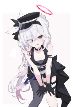 1girl absurdres bare_shoulders belt black_gloves black_hat black_shorts black_vest blue_archive braid breasts choker cinamon_(cinamori) commentary_request cosplay eyes_visible_through_hair feet_out_of_frame gloves grey_eyes grey_hair hair_over_one_eye halo hands_on_own_thighs hat heart highres idol idol_clothes long_hair looking_at_viewer o-ring o-ring_choker peaked_cap plana_(blue_archive) red_halo serika_(blue_archive) serika_(blue_archive)_(cosplay) serika_(idol)_(blue_archive) shorts simple_background single_leg_pantyhose solo vest white_belt