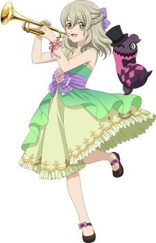 Rule 34 | 1girl, artist request, black shoes, blonde hair, braid, creature, doll, dress, elize lutus, elize lutus (orchestra), full body, game cg, green dress, green eyes, hair ribbon, highres, holding, holding instrument, holding trumpet, instrument, looking at viewer, medium hair, multicolored dress, music, official alternate costume, official art, open mouth, playing instrument, playing trumpet, purple ribbon, ribbon, shoes, smile, solo, standing, standing on one leg, tales of (series), tales of asteria, tales of xillia, teepo (tales), third-party source, transparent background, trumpet, yellow dress