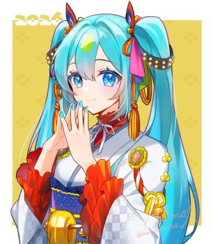 1girl 2026 absurdres alternate_costume aqua_eyes aqua_hair aqua_nails blush closed_mouth commentary_request fingernails hair_between_eyes hair_ornament hatsune_miku highres japanese_clothes kimono long_hair long_sleeves looking_at_viewer mamo_(fortune-mm) nail_polish smile solo twintails upper_body very_long_hair vocaloid white_kimono wide_sleeves yellow_background