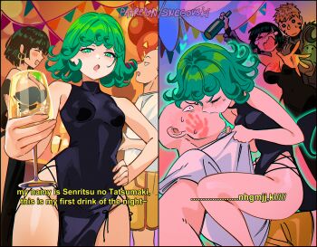 >_< 2boys 2girls aura bald bare_shoulders black_dress blonde_hair blush bottle breasts closed_eyes commentary constricted_pupils cowboy_shot crying cup dress drinking_glass drunk english_commentary english_text flipped_hair forced_kiss fubuki_(one-punch_man) genos green_eyes green_hair halter_dress halterneck hand_on_own_hip handprint hetero highres holding holding_bottle holding_cup kiss large_breasts looking_at_viewer multiple_boys multiple_girls multiple_views one-punch_man open_mouth outstretched_arm paid_reward_available patreon_username pelvic_curtain saitama_(one-punch_man) shirt short_hair siblings sisters slap_mark slap_mark_on_face sleeveless sleeveless_dress small_breasts snegovski split_screen standing sweat tatsumaki watermark wavy_mouth web_address white_shirt wide-eyed wine_glass