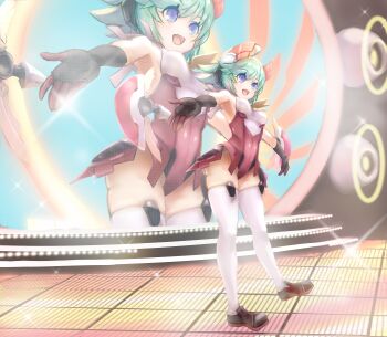 1girl absurdres azure_striker_gunvolt blue_eyes commission cu29do2 full_body green_hair gunvolt_chronicles_luminous_avenger_ix headgear highres leotard outstretched_arms red_leotard roro_(gunvolt) short_hair skeb_commission solo spread_arms stage standing thighhighs white_leotard white_thighhighs
