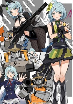 1girl 1other ade_(agent_bunny)_(nikke) ade_(nikke) bare_shoulders black_shirt black_suit blue_eyes blue_hair blush bow bowtie commentary_request cosplay_request detached_sleeves formal_clothes gloves goddess_of_victory:_nikke hair_ornament hairpin hat highres holding holding_weapon humanoid_robot kaname_buccaneer macross macross_delta mecha mechanical_arms multiple_views navel open_mouth playboy_bunny robot rocket_launcher seed_(zenless_zone_zero) seed_sr. shirt skirt suit sunglasses the_olphy voice_actor_connection weapon white_gloves white_skirt yasuno_kiyono zenless_zone_zero