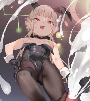 1boy 1girl animal_ear_hairband animal_ears bare_shoulders black_leotard black_pantyhose blonde_hair blush bow bowtie breasts ceiling comiket_107 cum detached_collar double_bun ejaculation erection fake_animal_ears footjob from_below gluteal_fold hair_bun hairband hand_on_own_hip highleg highleg_leotard highres karochii leotard leotard_pull loli long_hair looking_at_viewer looking_down low_twintails mesugaki nipples no_shoes open_mouth original pantyhose penis playboy_bunny rabbit_ear_hairband rabbit_ears red_eyes small_breasts smile soles standing standing_on_one_leg strapless strapless_leotard toes twintails white_wrist_cuffs wrist_cuffs