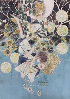 Rule 34 | 3girls, absurdres, acrylic paint (medium), blonde hair, blue background, brown hair, closed eyes, closed mouth, commentary request, english text, flower, food, from above, fruit, highres, karintoun, leaf, lemon, long hair, multiple girls, original, outdoors, painting (medium), plant, portrait, sailor collar, school uniform, serafuku, short hair, signature, skirt, summer, sunflower, traditional media, tree, upper body, water, watercolor (medium)