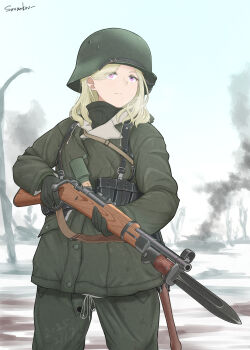1girl ammunition_pouch artist_name bayonet belt blonde_hair bolt-action_rifle bolt_action braces coat combat_helmet dated explosive finger_on_trigger gloves grenade gun hair_behind_ear hair_over_one_eye helmet holding holding_gun holding_rifle holding_weapon mauser_98 medium_hair military military_combat_uniform military_uniform original pants pouch purple_eyes rifle savankov stahlhelm stielhandgranate weapon winter winter_uniform