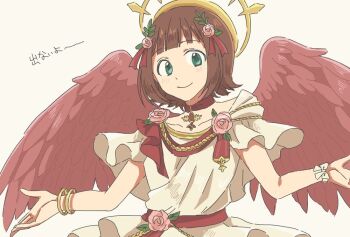 amami_haruka angel_wings bangle belt bracelet brown_hair choker dress green_eyes hair_ornament hair_ribbon halo idolmaster idolmaster_million_live! idolmaster_million_live!_theater_days jewelry red_belt red_wings ribbon sidelocks simple_background skrmyg tarot the_lovers_(tarot) white_background white_dress wings wrist_ribbon