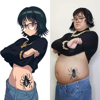 1boy 1girl black_hair clothes_lift cosplay denim fat fat_man glasses hunched_over hunter_x_hunter jeans long_sleeves meme navel pants photo-referenced real_life shirt_lift shizuku_murasaki short_hair stomach_tattoo sweater tattoo