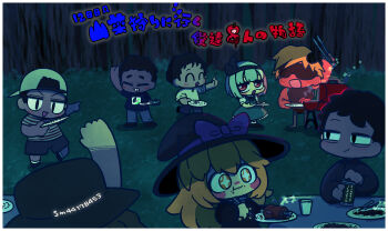 Rule 34 | 2girls, 6+boys, :t, backwards hat, baseball cap, beer can, black coat, black eyes, black hairband, black shirt, blonde hair, bob cut, boned meat, border, bow, buttons, can, character request, chibi, chibi only, closed mouth, coat, commentary request, cookie (touhou), dress, drink can, eating, eska (cookie), fishnet top, fishnets, food, forest, full body, green dress, grey hair, grey hat, grill, hair bow, hairband, hat, highres, kirisame marisa, konpaku youmu, long hair, looking at another, looking at viewer, looking to the side, manatsu no yo no inmu, meat, muimui (4242564muimui), multiple boys, multiple girls, nature, niconico id, open mouth, outdoors, purple bow, red eyes, rei (cookie), shirt, short hair, sleeveless, sleeveless dress, sleeveless shirt, smile, standing, sunglasses, tadano kazuhito, takuya (acceed), toono (coat), touhou, translation request, white border, witch hat, yajuu senpai