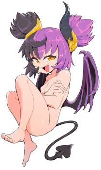 1girl asymmetrical_horns black_hair breasts completely_nude demon_girl demon_horns demon_tail demon_wings eyebrows_hidden_by_hair fang full_body highres horns imp_(megido72) inarou_(rakugakiproject) loli megido72 mismatched_eyebrows multicolored_hair no_nipples nude open_mouth purple_hair small_breasts smile solo split-color_hair tail twintails two-tone_hair wings yellow_eyes