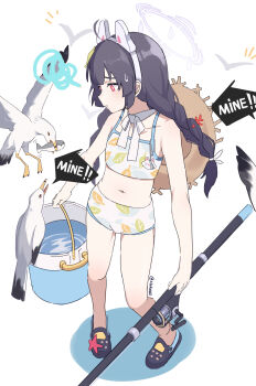 1girl absurdres animal_ears bare_arms bare_shoulders bikini bird black_hair blue_archive braid bucket crocs english_text fake_animal_ears fishing_rod flat_chest hairband hat hat_on_back highres holding holding_bucket holding_fishing_rod long_hair miyu_(blue_archive) miyu_(swimsuit)_(blue_archive) navel notice_lines rabbit_ears raised_eyebrows red_eyes sacabambaspis seagull simple_background simple_bird solo speech_bubble squiggle standing straw_hat sweatdrop swimsuit twin_braids twitter_username water white_background white_bikini xiu_kukkii