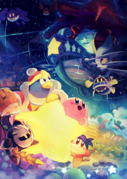 Rule 34 | absurdres, bandana, bandana waddle dee, bat wings, blue bandana, blush stickers, cloud, commentary request, disembodied hand, doomer (kirby), galaxia (sword), hammer, highres, holding, holding hammer, holding sword, holding weapon, king dedede, kirby, kirby's return to dream land, kirby (series), looking at another, lor starcutter, magolor, mask, meta knight, nintendo, no humans, pyramid (structure), rayman limbs, revision, smile, solid oval eyes, sphere doomer, star (sky), star (symbol), suyasuyabi, sword, tree, warp star, weapon, windmill tree, wings